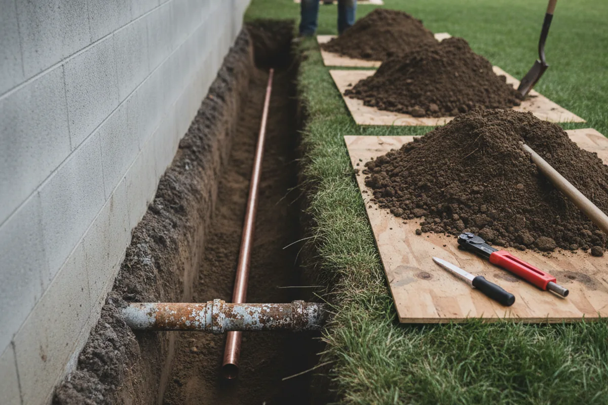 Excavated water line trench during Water Softener Installation in Harris